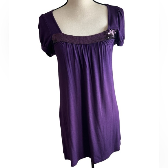 Soprano Top Purple Sequins Band Puff Sleeve Square Neck Tunic size Medium - Picture 1 of 15